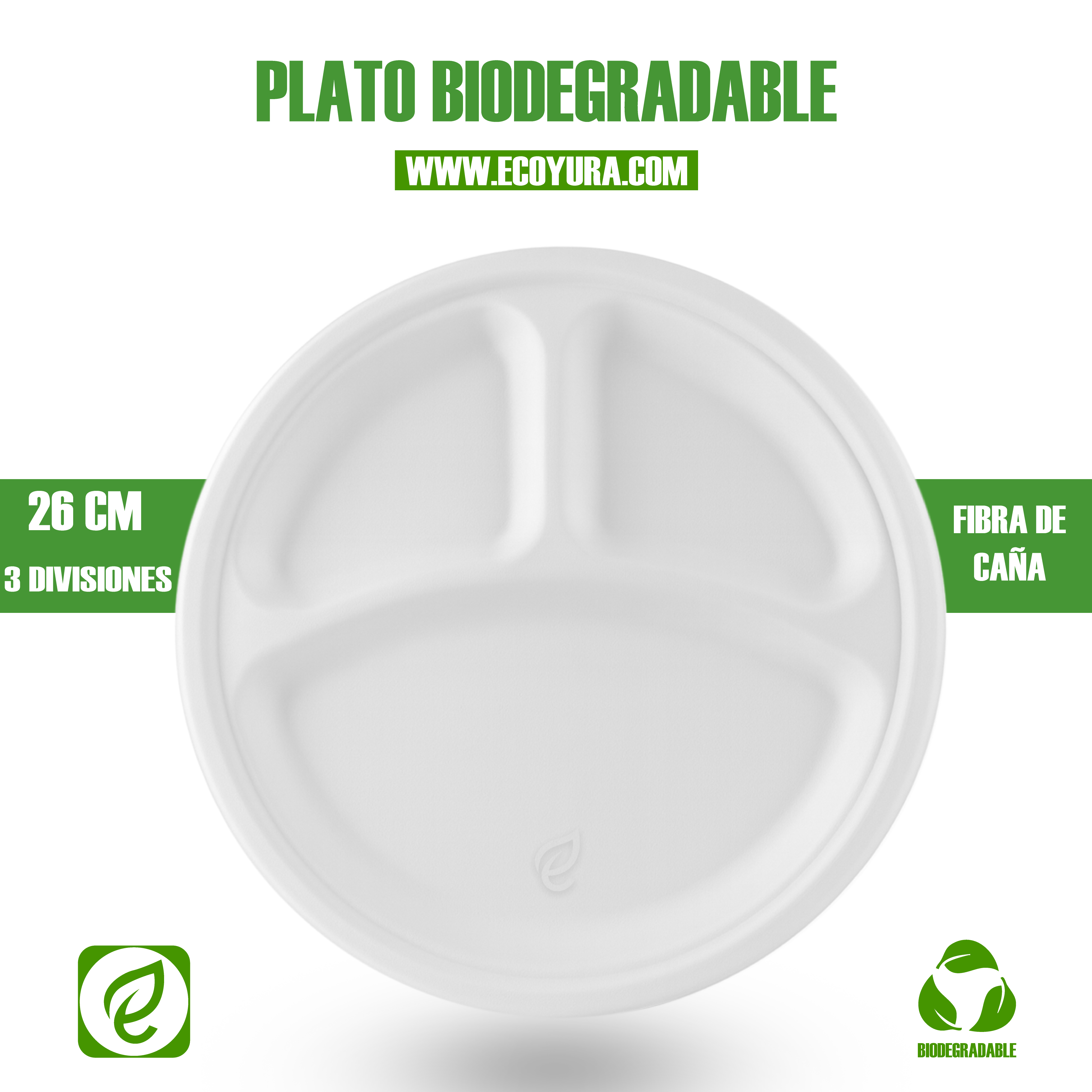 Plato biodegradable 26 cm de bagazo de caña para catering y platos fuertes – empaques ecológicos ECO YURA Perú